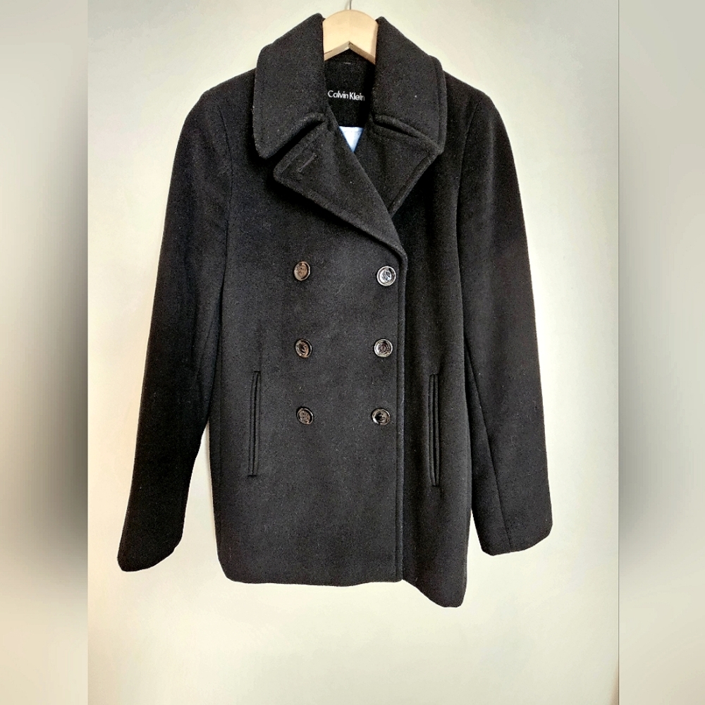 Calvin Klein SZ 6 Peacoat Double Breasted Wool Cashmere Blend Black Preppy